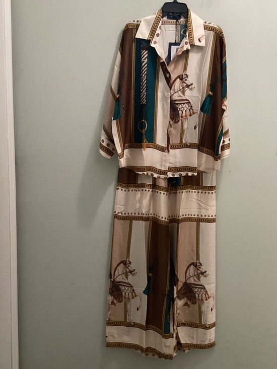 Cecile wang Pants - Made in Italy Cream, Brown & Teal Equestrian-Print Wide-Leg 2pcs set